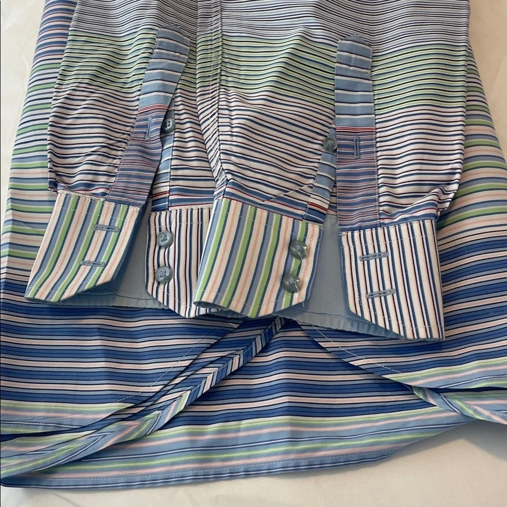 Tommy Hilfiger Men's Blue and Green Striped Dress Shirt